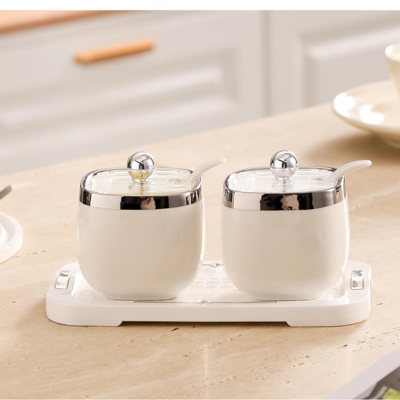 Other - White Ceramic Double Condiment Jars with Spoons